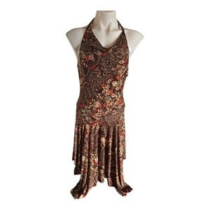 Asymmetrical Floral Halter Dress - Brown and Red